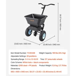 VEVOR Lawn Spreader, 100LBS Capacity, Walk-Behind Push Spreader, 0-9.8ft Spreading Width, 13 in All Terrain Pneumatic Tires, Fertilizer Spreaders with Hopper Grate, for Seed Salt Ice Melt