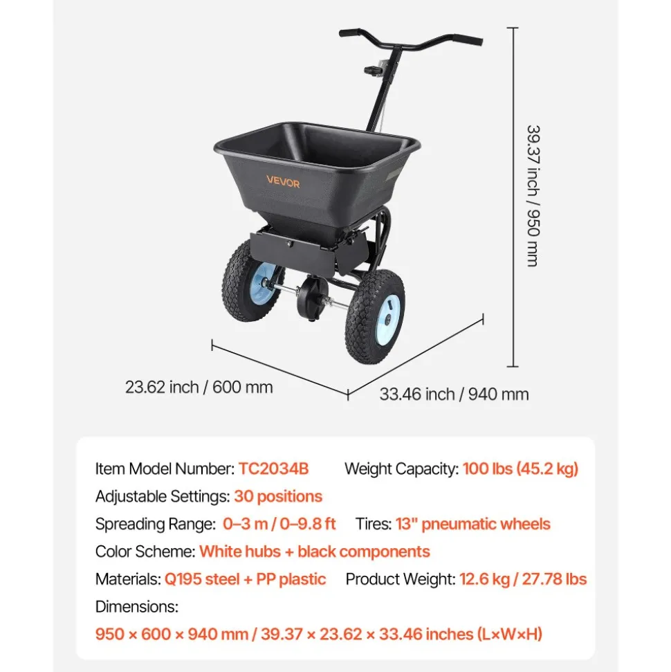 VEVOR Lawn Spreader, 100LBS Capacity, Walk-Behind Push Spreader, 0-9.8ft Spreading Width, 13 in All Terrain Pneumatic Tires, Fertilizer Spreaders with Hopper Grate, for Seed Salt Ice Melt