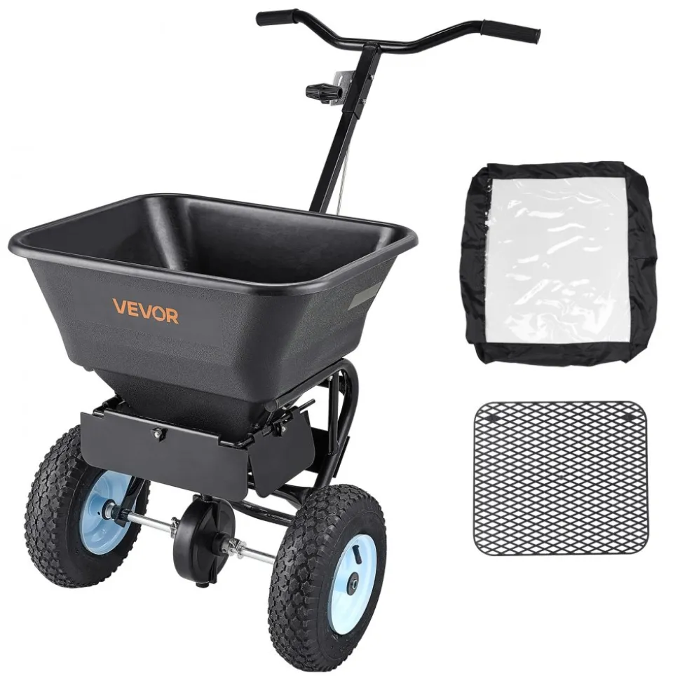 VEVOR Lawn Spreader, 100LBS Capacity, Walk-Behind Push Spreader, 0-9.8ft Spreading Width, 13 in All Terrain Pneumatic Tires, Fertilizer Spreaders with Hopper Grate, for Seed Salt Ice Melt