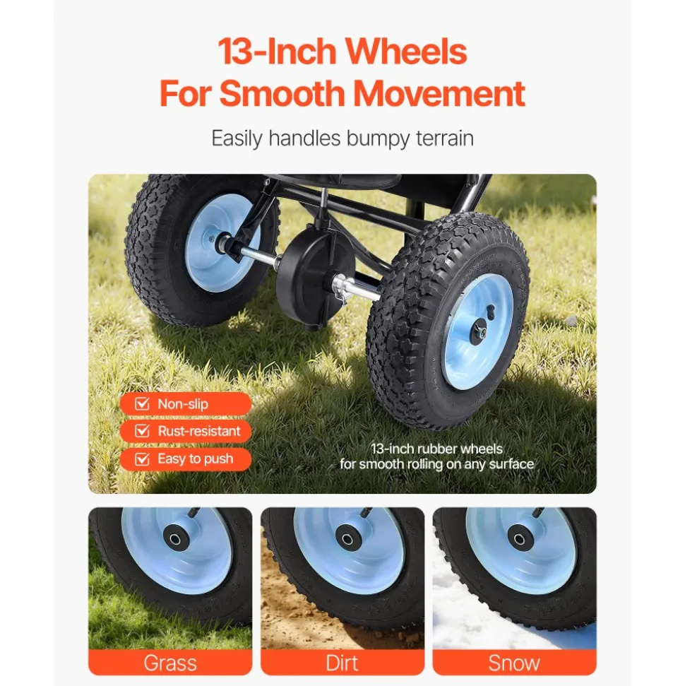 VEVOR Lawn Spreader, 100LBS Capacity, Walk-Behind Push Spreader, 0-9.8ft Spreading Width, 13 in All Terrain Pneumatic Tires, Fertilizer Spreaders with Hopper Grate, for Seed Salt Ice Melt