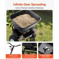 VEVOR Lawn Spreader, 100LBS Capacity, Walk-Behind Push Spreader, 0-9.8ft Spreading Width, 13 in All Terrain Pneumatic Tires, Fertilizer Spreaders with Hopper Grate, for Seed Salt Ice Melt