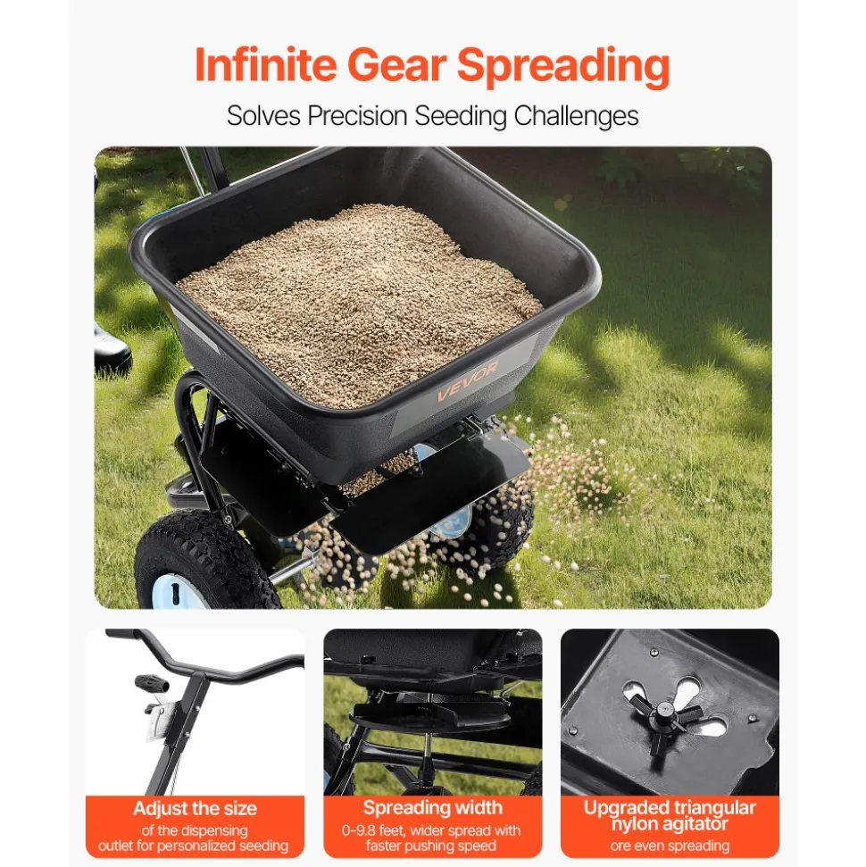VEVOR Lawn Spreader, 100LBS Capacity, Walk-Behind Push Spreader, 0-9.8ft Spreading Width, 13 in All Terrain Pneumatic Tires, Fertilizer Spreaders with Hopper Grate, for Seed Salt Ice Melt