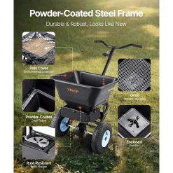 VEVOR Lawn Spreader, 100LBS Capacity, Walk-Behind Push Spreader, 0-9.8ft Spreading Width, 13 in All Terrain Pneumatic Tires, Fertilizer Spreaders with Hopper Grate, for Seed Salt Ice Melt