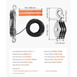 VEVOR 4400 lbs Breaking Strength 100 FT Rope Pulley Hoist, 5:1 Lifting Power Heavy Duty Pulley System with 2pcs Soft Loops, Metal Wheels Bearing Structure, Block and Tackle for Lifting Heavy Objects