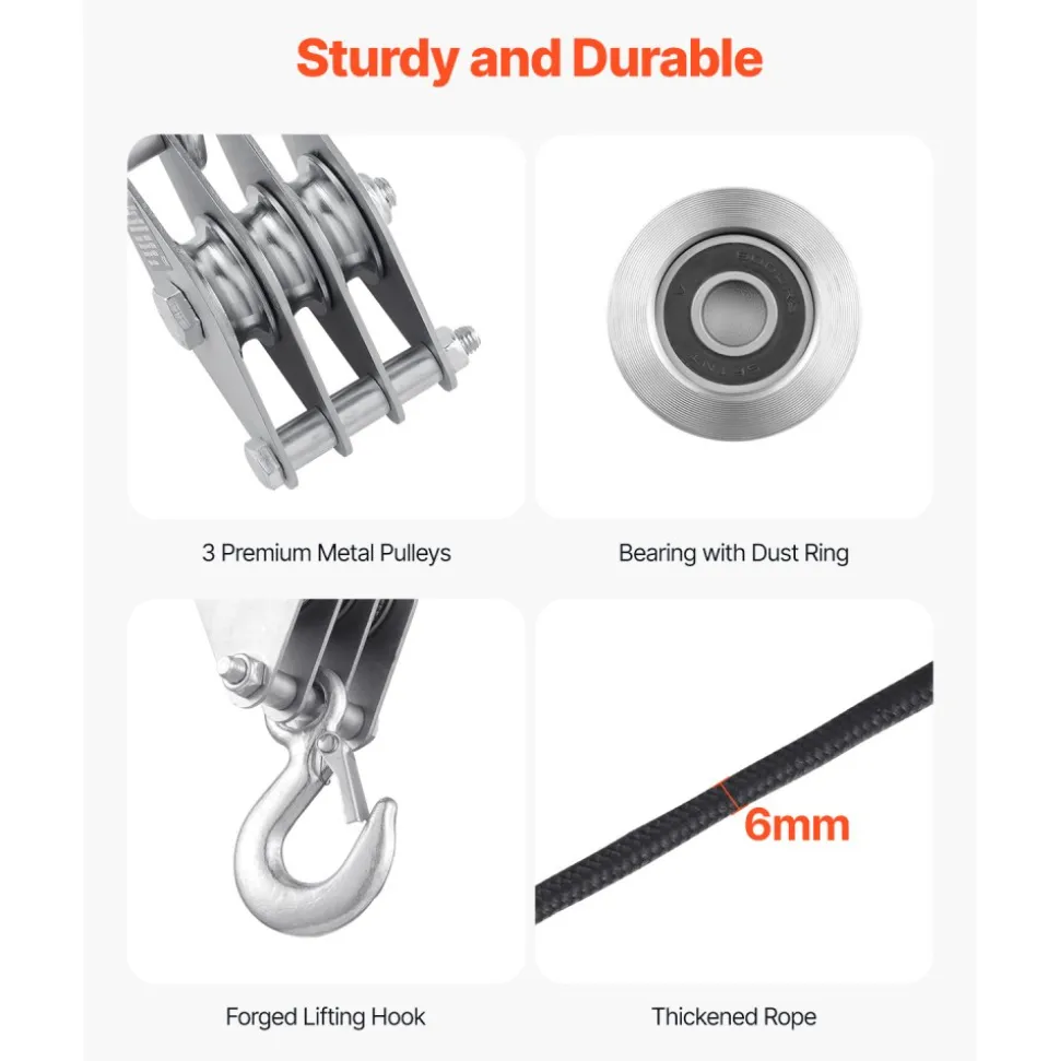 VEVOR 4400 lbs Breaking Strength 100 FT Rope Pulley Hoist, 5:1 Lifting Power Heavy Duty Pulley System with 2pcs Soft Loops, Metal Wheels Bearing Structure, Block and Tackle for Lifting Heavy Objects