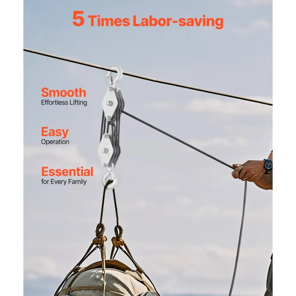 VEVOR 4400 lbs Breaking Strength 100 FT Rope Pulley Hoist, 5:1 Lifting Power Heavy Duty Pulley System with 2pcs Soft Loops, Metal Wheels Bearing Structure, Block and Tackle for Lifting Heavy Objects