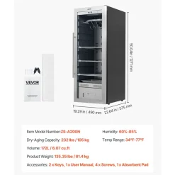 VEVOR 232 LBS Dry Aging Fridge for Steaks, Dry Ager Refrigerator for Meat with Precise Temperature & Humidity Control, Freestanding Beef Aging Machine Refrigerator, Himalayan Salt Not Included