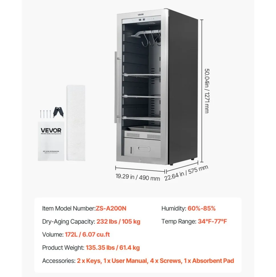 VEVOR 232 LBS Dry Aging Fridge for Steaks, Dry Ager Refrigerator for Meat with Precise Temperature & Humidity Control, Freestanding Beef Aging Machine Refrigerator, Himalayan Salt Not Included