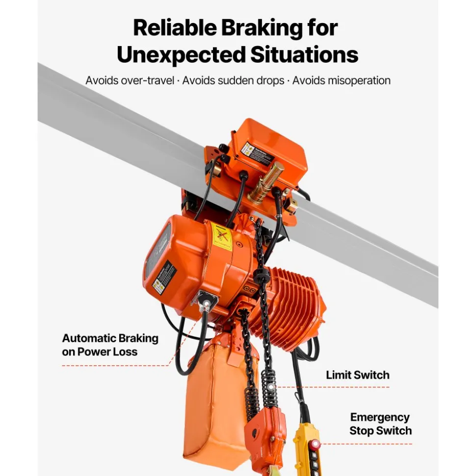 VEVOR 4400 lbs Electric Chain Hoist, 20 ft Lifting Height, Three-Phase Overhead Crane with 328 ft Wireless & 16 ft Wired Remote Control, Double G100 Chain Hoist for Factories, Warehouses, Garages
