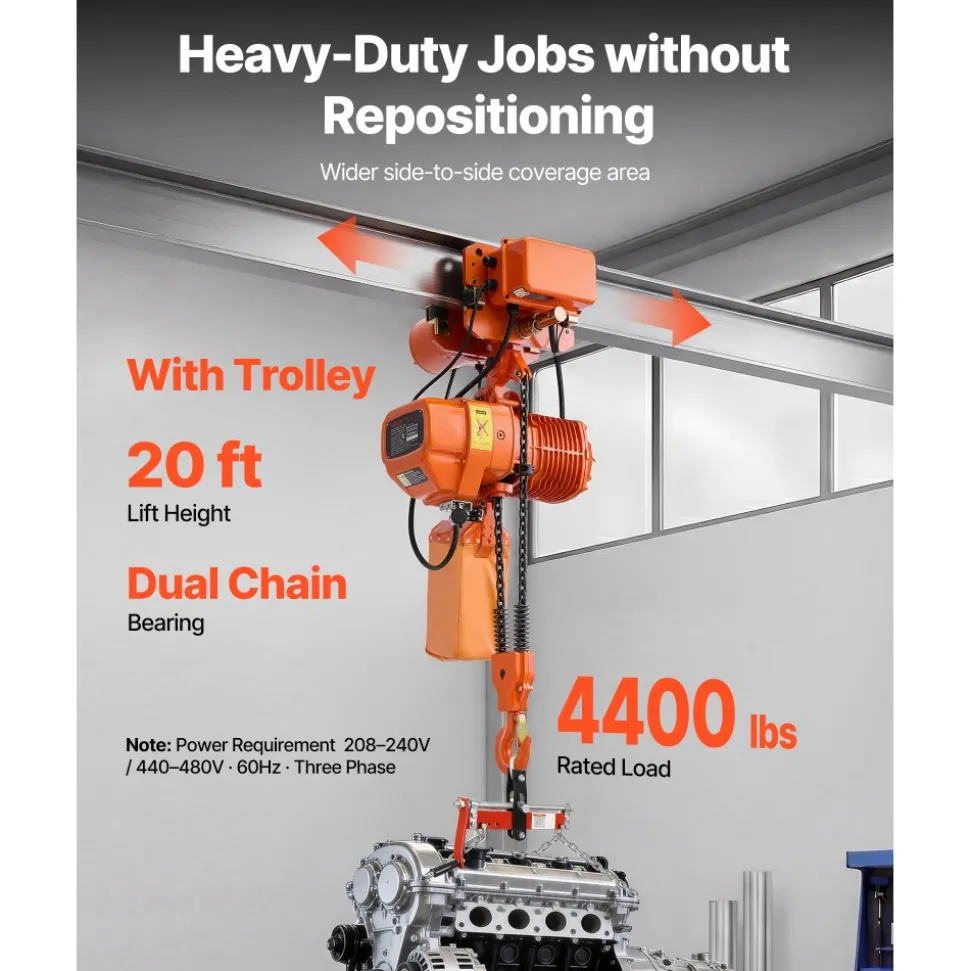 VEVOR 4400 lbs Electric Chain Hoist, 20 ft Lifting Height, Three-Phase Overhead Crane with 328 ft Wireless & 16 ft Wired Remote Control, Double G100 Chain Hoist for Factories, Warehouses, Garages