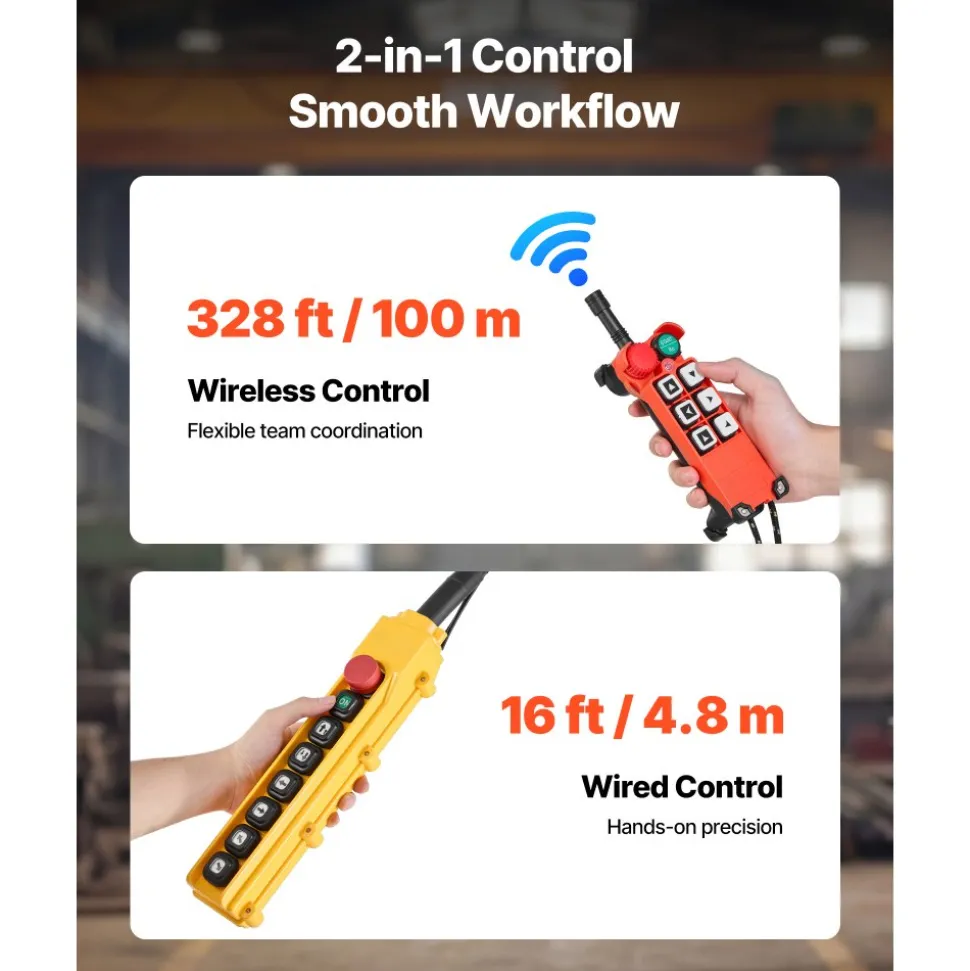 VEVOR 4400 lbs Electric Chain Hoist, 20 ft Lifting Height, Three-Phase Overhead Crane with 328 ft Wireless & 16 ft Wired Remote Control, Double G100 Chain Hoist for Factories, Warehouses, Garages