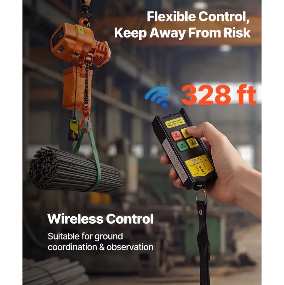 VEVOR 4400 lbs Electric Chain Hoist, 20 ft Lifting Height, Three-Phase Overhead Crane with 328 ft Wireless Remote Control, Single G100 Chain Electric Lift Hoist for Factories, Warehouses, Garages