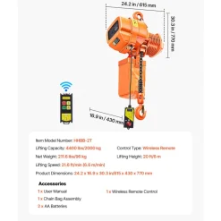VEVOR 2200 lbs Electric Chain Hoist, 20 ft Lifting Height, 120V Single Phase Overhead Crane with 15 ft Wired Remote Control, G100 Chain Electric Lift Hoist for Factories, Warehouses, Garages