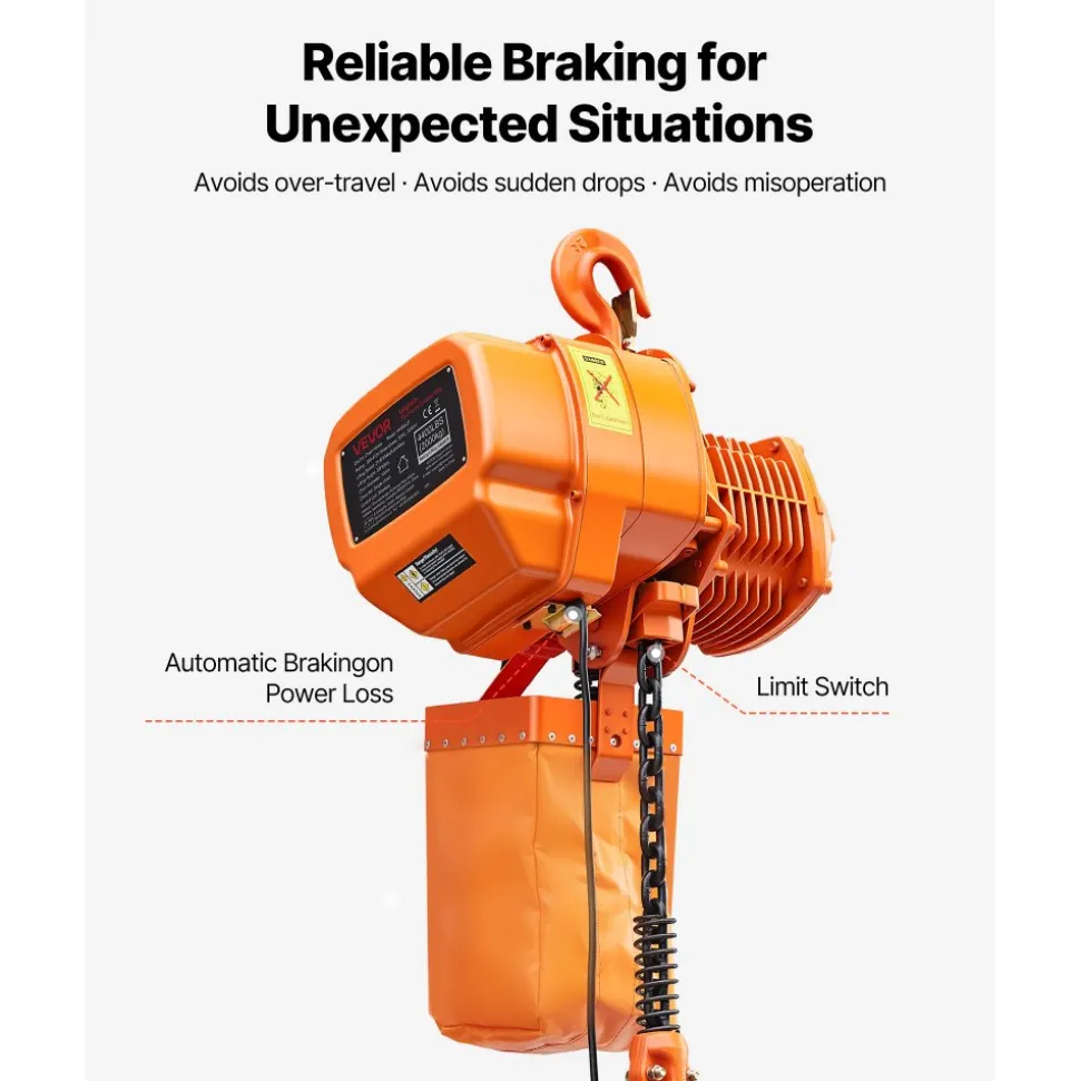 VEVOR 4400 lbs Electric Chain Hoist, 20 ft Lifting Height, Three-Phase Overhead Crane with 328 ft Wireless Remote Control, Single G100 Chain Electric Lift Hoist for Factories, Warehouses, Garages