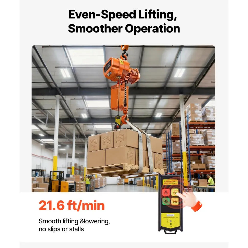 VEVOR 4400 lbs Electric Chain Hoist, 20 ft Lifting Height, Three-Phase Overhead Crane with 328 ft Wireless Remote Control, Single G100 Chain Electric Lift Hoist for Factories, Warehouses, Garages