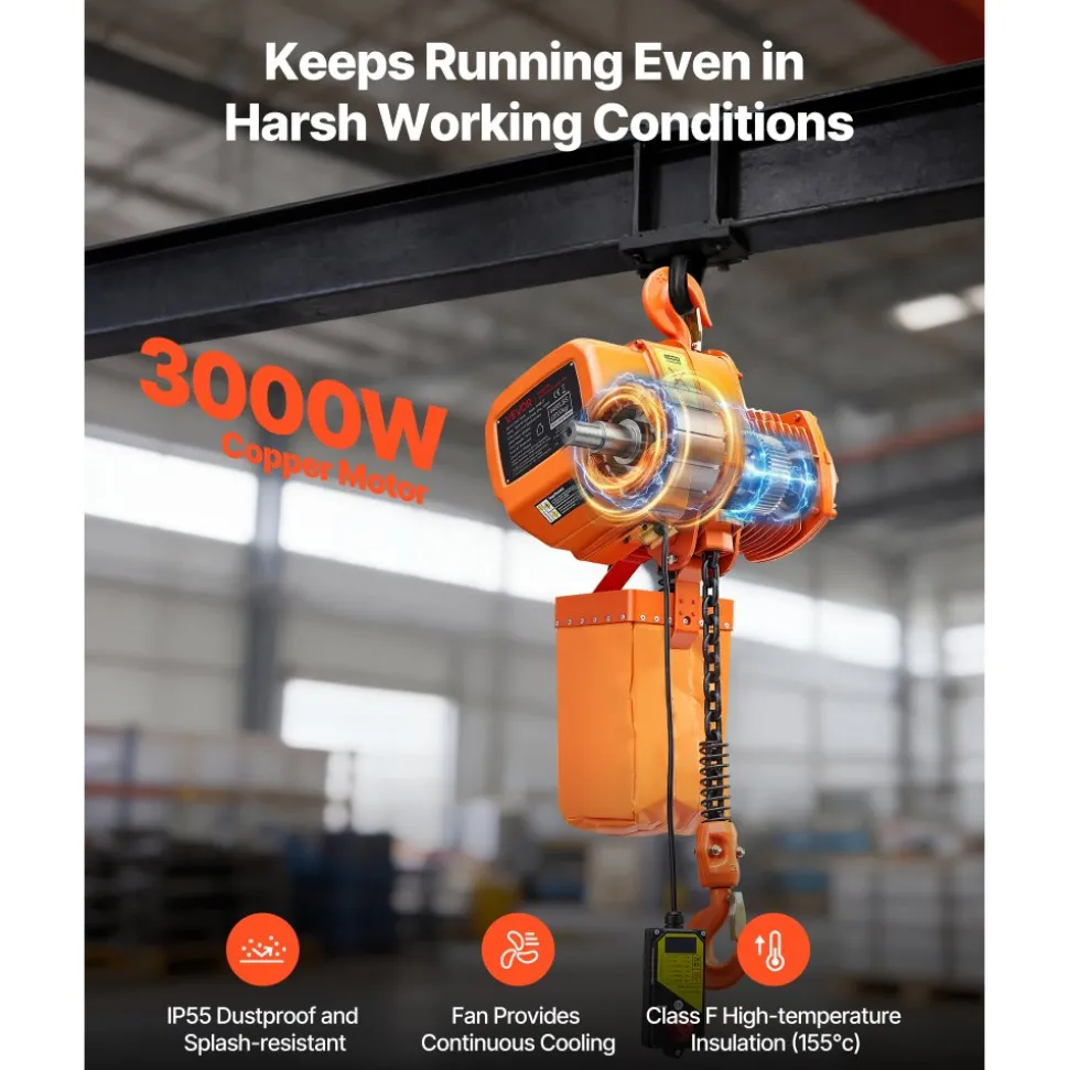 VEVOR 4400 lbs Electric Chain Hoist, 20 ft Lifting Height, Three-Phase Overhead Crane with 328 ft Wireless Remote Control, Single G100 Chain Electric Lift Hoist for Factories, Warehouses, Garages