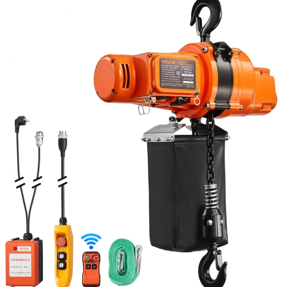 VEVOR 1100 lbs Electric Chain Hoist, 20 ft Lifting Height, 120V Single Phase Overhead Crane with 328 ft Wireless & 15 ft Wired Remote Control, Power Electric Hoist for Factories, Warehouses, Garages