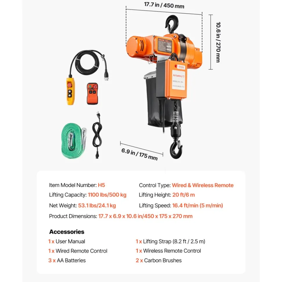 VEVOR 1100 lbs Electric Chain Hoist, 20 ft Lifting Height, 120V Single Phase Overhead Crane with 328 ft Wireless & 15 ft Wired Remote Control, Power Electric Hoist for Factories, Warehouses, Garages