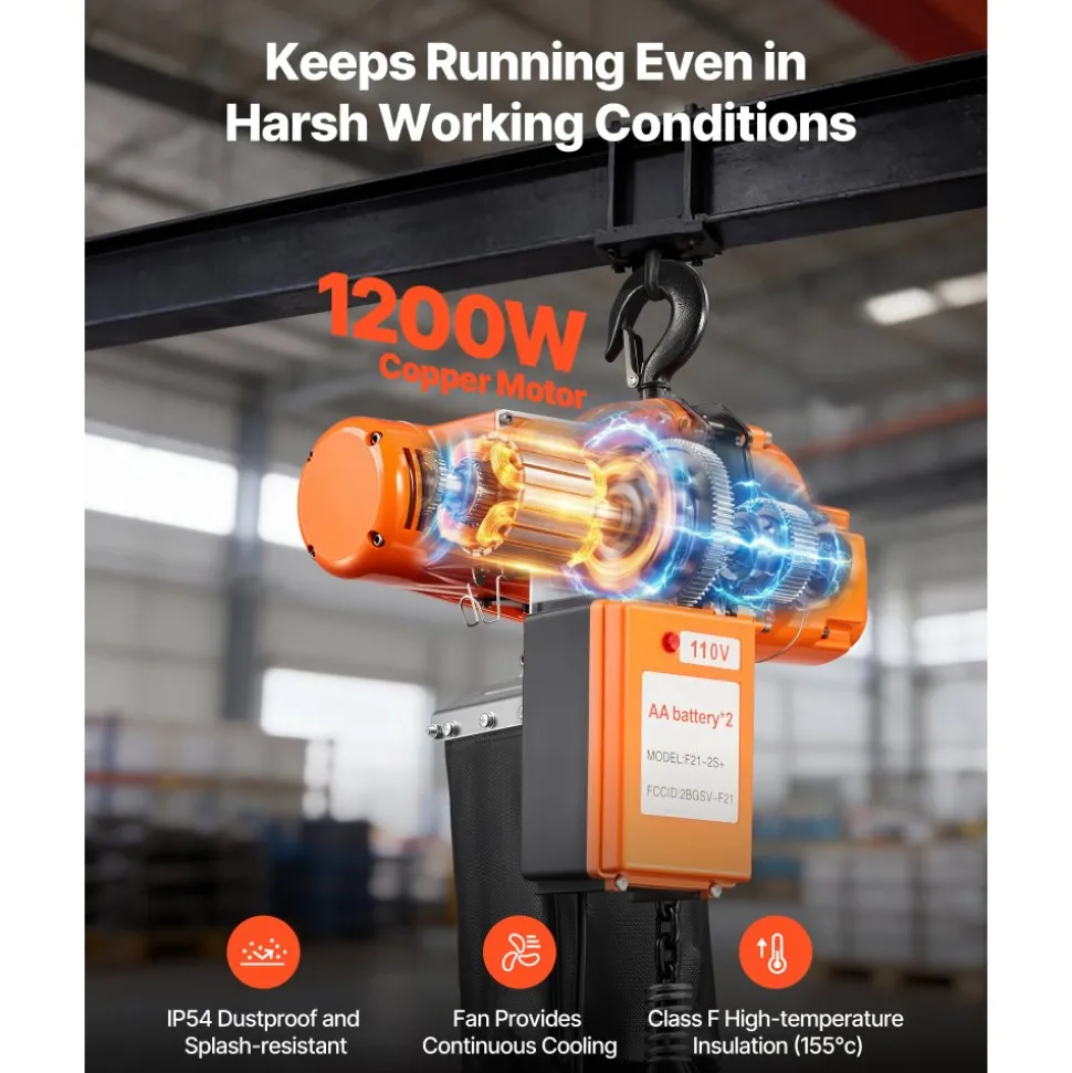 VEVOR 1100 lbs Electric Chain Hoist, 20 ft Lifting Height, 120V Single Phase Overhead Crane with 328 ft Wireless & 15 ft Wired Remote Control, Power Electric Hoist for Factories, Warehouses, Garages