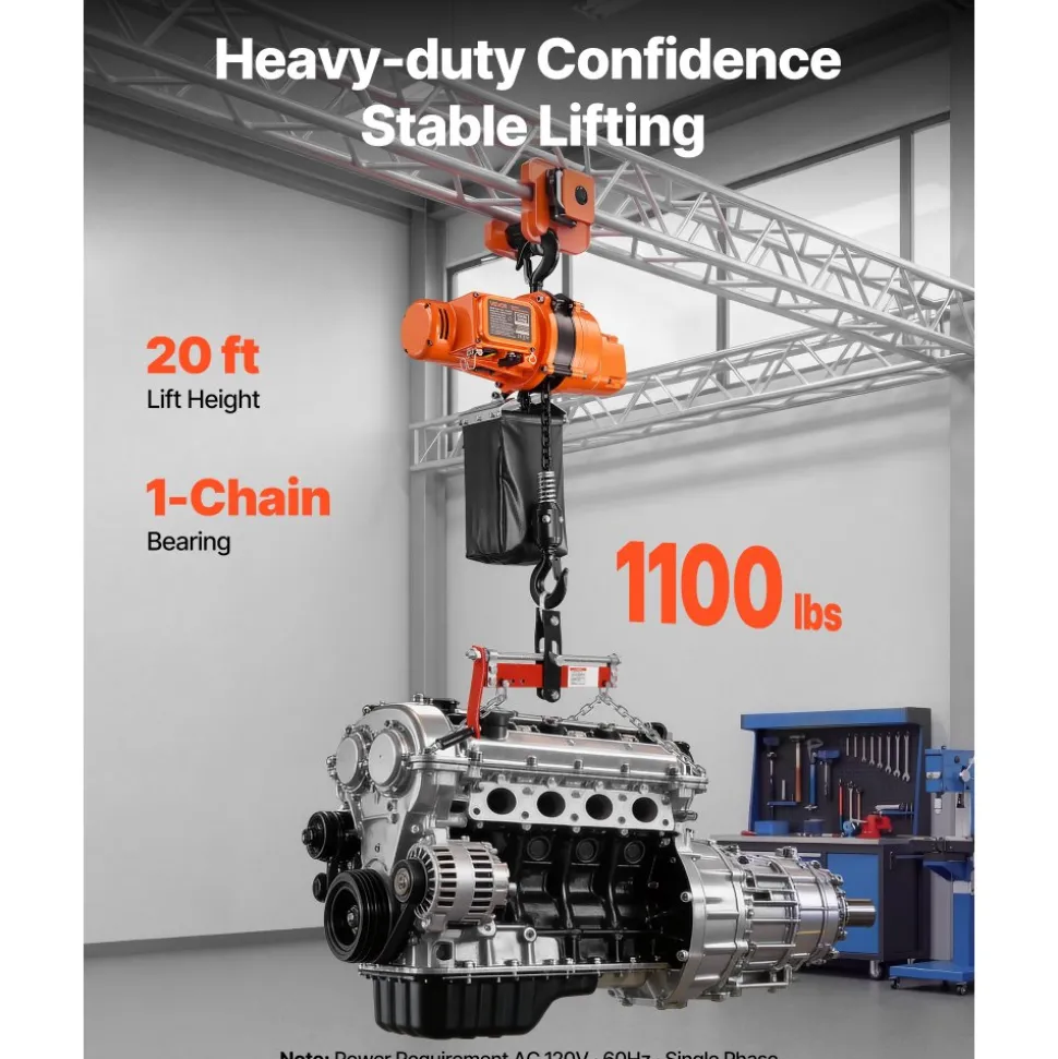 VEVOR 1100 lbs Electric Chain Hoist, 20 ft Lifting Height, 120V Single Phase Overhead Crane with 328 ft Wireless & 15 ft Wired Remote Control, Power Electric Hoist for Factories, Warehouses, Garages