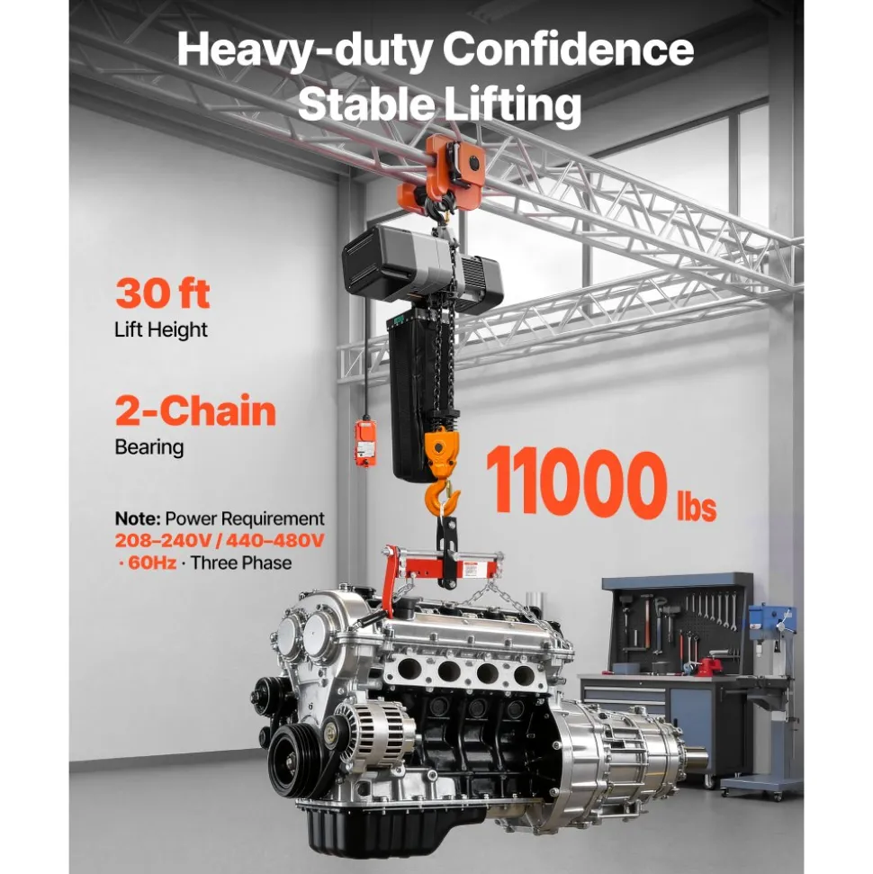 VEVOR 11000 lbs Electric Chain Hoist 30 ft Lift Three-Phase Overhead Crane, Double G100 Chain with 328 ft Wireless & 27 ft Wired Remote Control, 208-240V/440-480V, for Factories, Warehouses, Garages