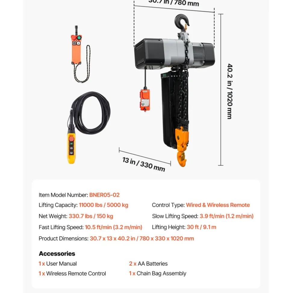 VEVOR 11000 lbs Electric Chain Hoist 30 ft Lift Three-Phase Overhead Crane, Double G100 Chain with 328 ft Wireless & 27 ft Wired Remote Control, 208-240V/440-480V, for Factories, Warehouses, Garages