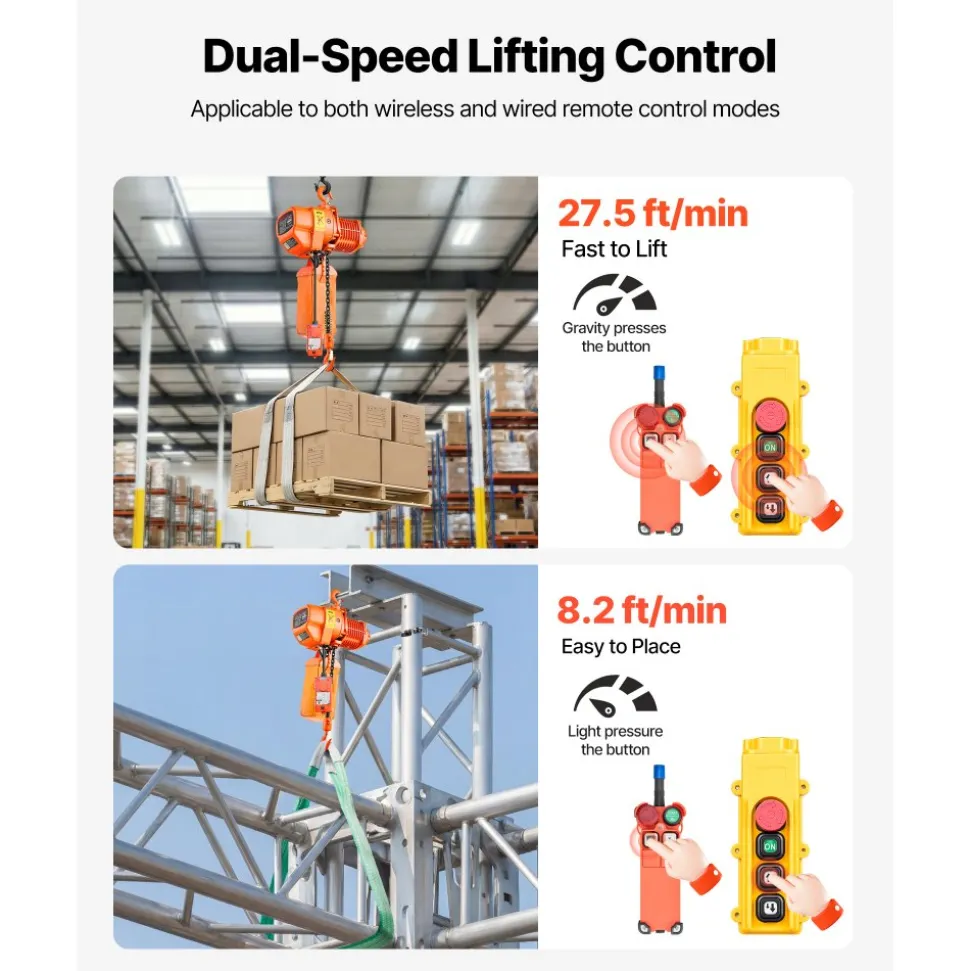 VEVOR 1100 lbs Electric Chain Hoist, 20 ft Lifting Height, Three-Phase Overhead Crane with 328 ft Wireless & 15 ft Wired Remote Control, Single G80 Chain Hoist for Factories, Warehouses, Garages