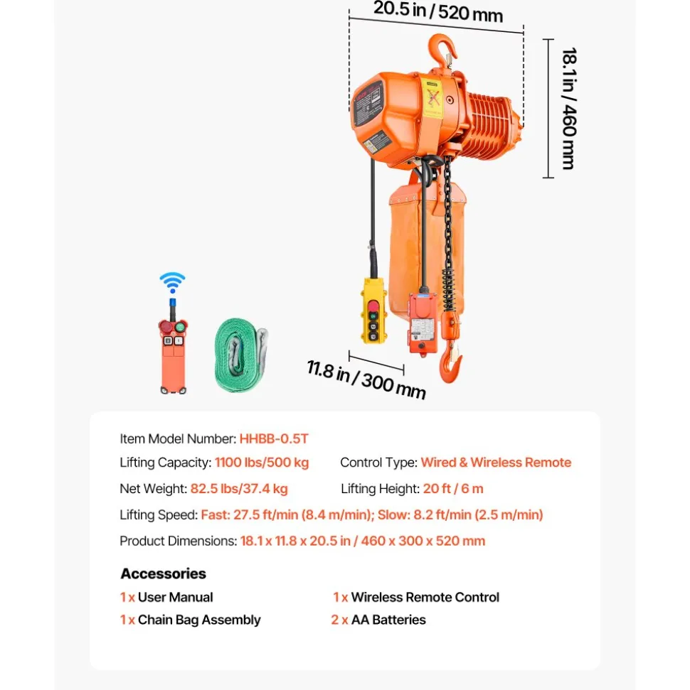 VEVOR 1100 lbs Electric Chain Hoist, 20 ft Lifting Height, Three-Phase Overhead Crane with 328 ft Wireless & 15 ft Wired Remote Control, Single G80 Chain Hoist for Factories, Warehouses, Garages