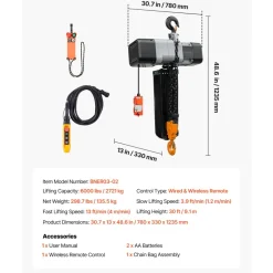 VEVOR 6000 lbs Electric Chain Hoist 30 ft Lift Three-Phase Overhead Crane, Double G100 Chain with 328 ft Wireless & 27 ft Wired Remote Control, 208-240V/440-480V, for Factories, Warehouses, Garages