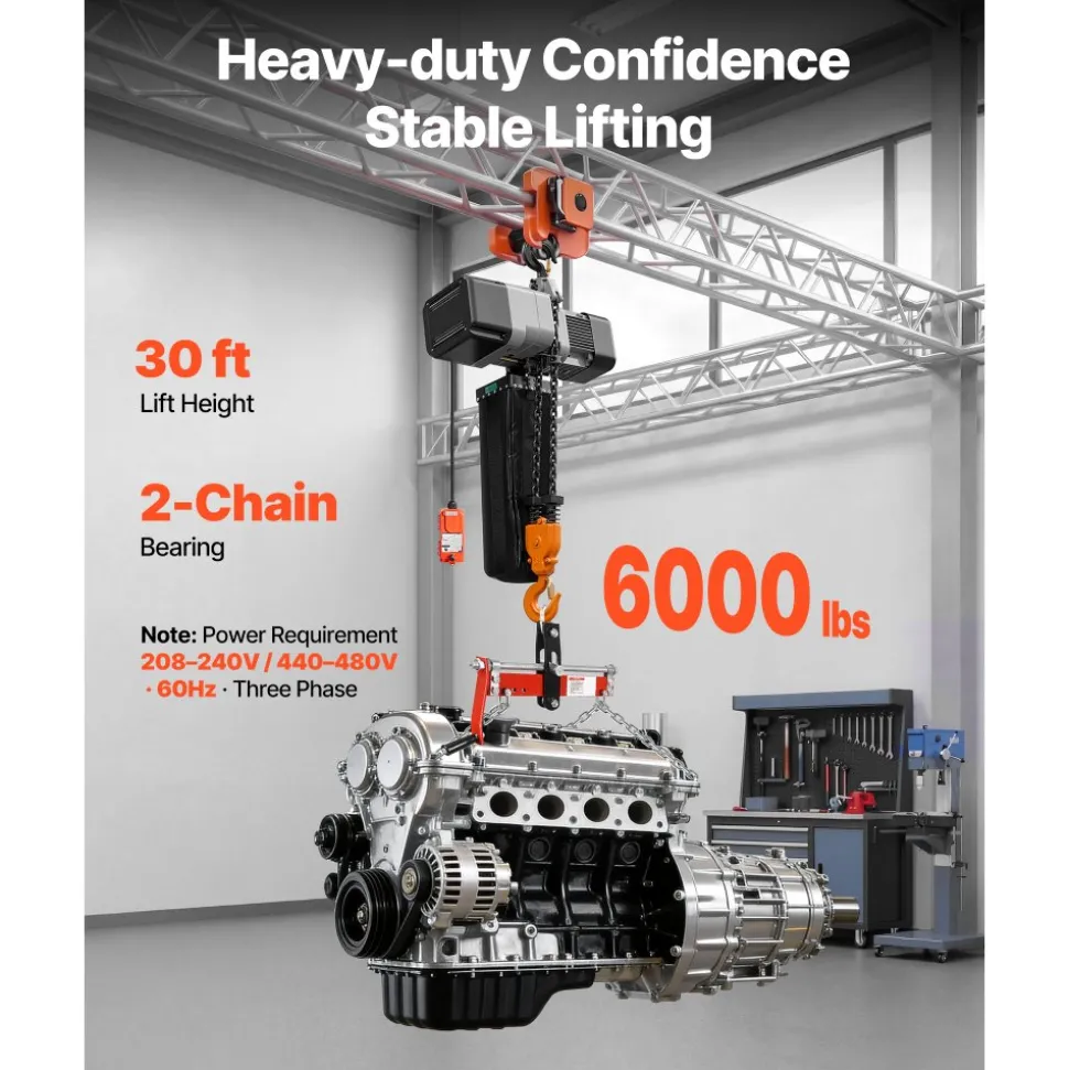 VEVOR 6000 lbs Electric Chain Hoist 30 ft Lift Three-Phase Overhead Crane, Double G100 Chain with 328 ft Wireless & 27 ft Wired Remote Control, 208-240V/440-480V, for Factories, Warehouses, Garages