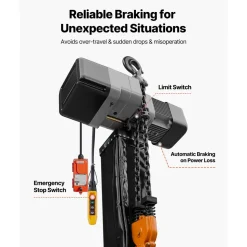 VEVOR 6000 lbs Electric Chain Hoist 30 ft Lift Three-Phase Overhead Crane, Double G100 Chain with 328 ft Wireless & 27 ft Wired Remote Control, 208-240V/440-480V, for Factories, Warehouses, Garages
