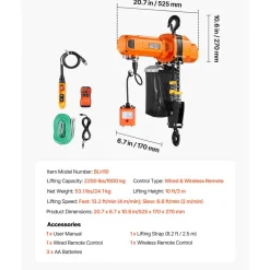 VEVOR 2200 lbs Electric Chain Hoist, 10 ft Lifting Height, 120V Single Phase Overhead Crane with 328 ft Wireless & 8 ft Wired Remote Control, Power Electric Hoist for Factories, Warehouses, Garages