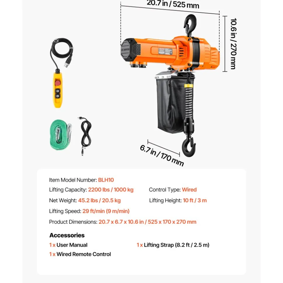 VEVOR 2200 lbs Electric Chain Hoist, 10 ft Lifting Height, 120V Single Phase Overhead Crane with 10 ft Wired Remote Control, G100 Chain Electric Lift Hoist for Factories, Warehouses, Garages
