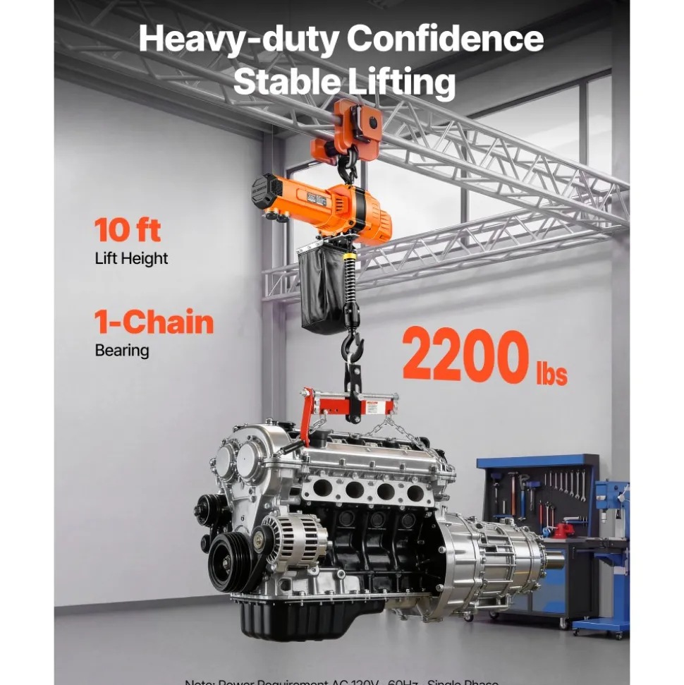 VEVOR 2200 lbs Electric Chain Hoist, 10 ft Lifting Height, 120V Single Phase Overhead Crane with 10 ft Wired Remote Control, G100 Chain Electric Lift Hoist for Factories, Warehouses, Garages