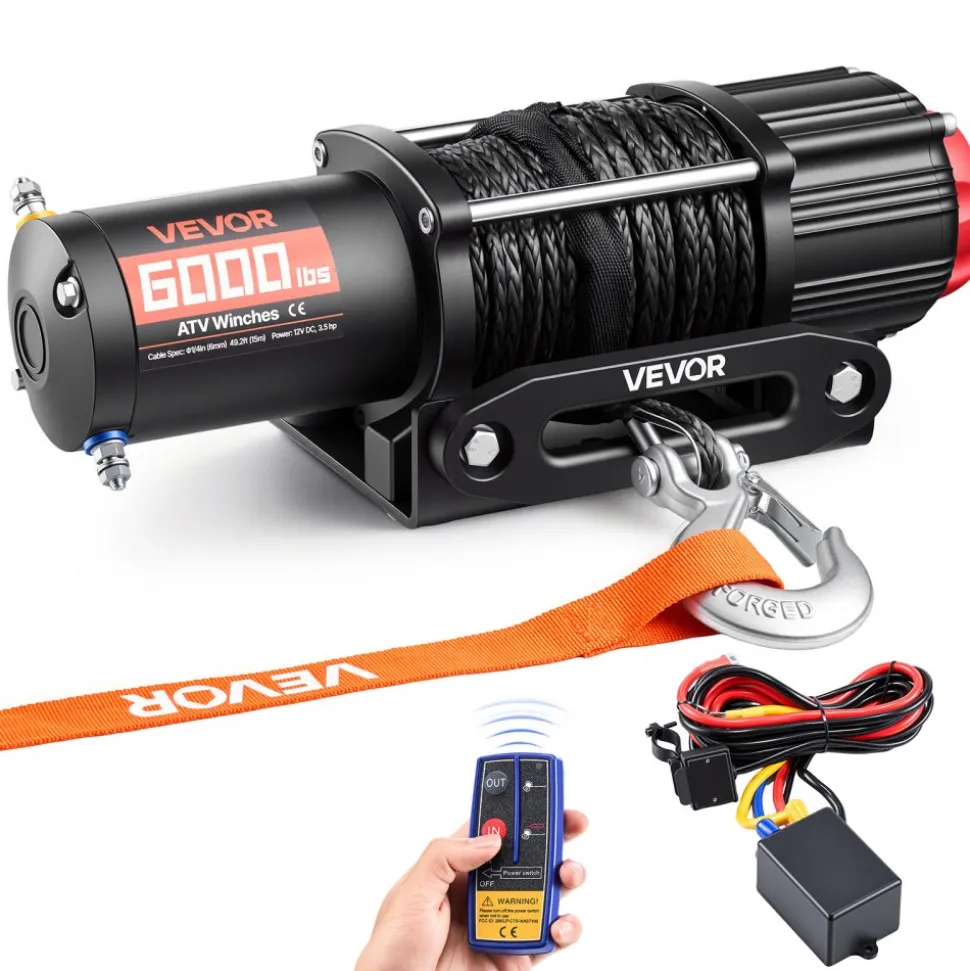 VEVOR 6000 lbs Electric Winch, 12V DC ATV/UTV Winch with Φ0.24 in x 49.2 ft Synthetic Rope, Wireless & Wired Remote Control, IP55 Waterproof, with Fairlead Mount Plate for Towing ATV UTV Off-Road
