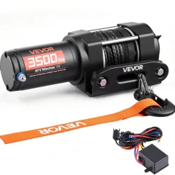 VEVOR 3500 lbs Electric Winch, 12V DC ATV/UTV Winch with Φ0.21 in x 32.8 ft Synthetic Rope & Wired Remote Control, IP55 Waterproof, Aluminum Housing Fairlead Mount Plate for Towing ATV, Black