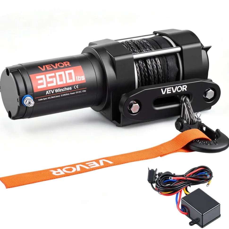 VEVOR 3500 lbs Electric Winch, 12V DC ATV/UTV Winch with Φ0.21 in x 32.8 ft Synthetic Rope & Wired Remote Control, IP55 Waterproof, Aluminum Housing Fairlead Mount Plate for Towing ATV, Black