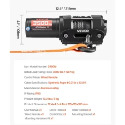 VEVOR 3500 lbs Electric Winch, 12V DC ATV/UTV Winch with Φ0.21 in x 32.8 ft Synthetic Rope & Wired Remote Control, IP55 Waterproof, Aluminum Housing Fairlead Mount Plate for Towing ATV, Black
