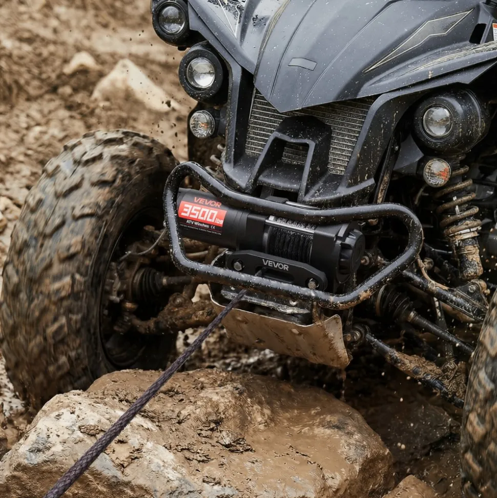 VEVOR 3500 lbs Electric Winch, 12V DC ATV/UTV Winch with Φ0.21 in x 32.8 ft Synthetic Rope & Wired Remote Control, IP55 Waterproof, Aluminum Housing Fairlead Mount Plate for Towing ATV, Black