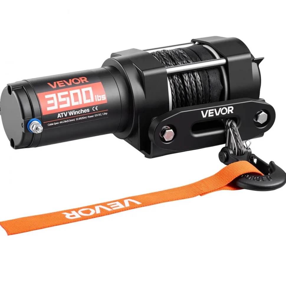 VEVOR 3500 lbs Electric Winch, 12V DC ATV/UTV Winch with Φ0.21 in x 32.8 ft Synthetic Rope & Wired Remote Control, IP55 Waterproof, Aluminum Housing Fairlead Mount Plate for Towing ATV, Black