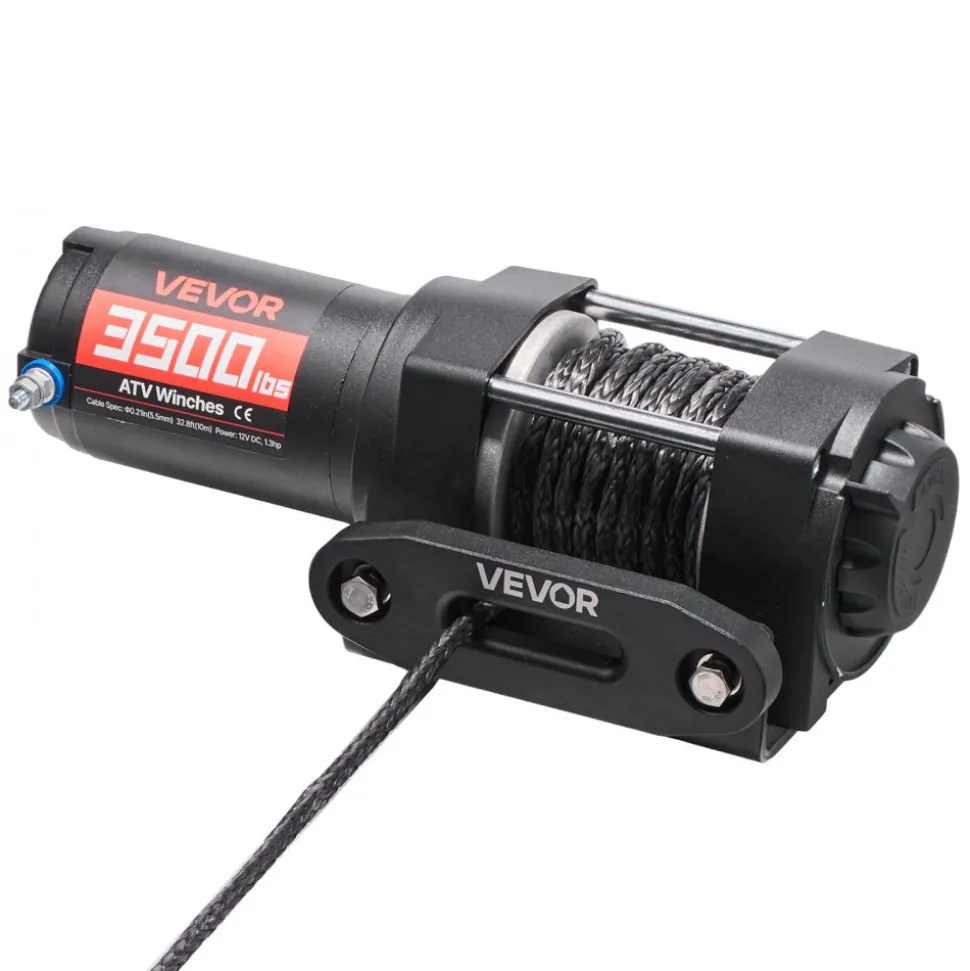 VEVOR 3500 lbs Electric Winch, 12V DC ATV/UTV Winch with Φ0.21 in x 32.8 ft Synthetic Rope & Wired Remote Control, IP55 Waterproof, Aluminum Housing Fairlead Mount Plate for Towing ATV, Black