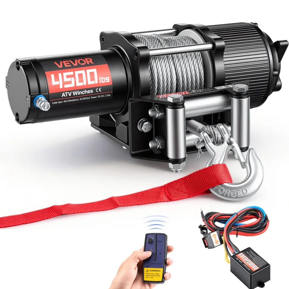 VEVOR 4500 lbs Electric Winch, 12V DC ATV/UTV Winch with Φ0.24 in x 39.4 ft Steel Wire Rope, Wireless & Wired Remote Control, IP54 Waterproof, Roller Fairlead Mount Plate for Towing ATV UTV Off-Road