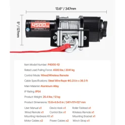 VEVOR 4500 lbs Electric Winch, 12V DC ATV/UTV Winch with Φ0.24 in x 39.4 ft Steel Wire Rope, Wireless & Wired Remote Control, IP54 Waterproof, Roller Fairlead Mount Plate for Towing ATV UTV Off-Road