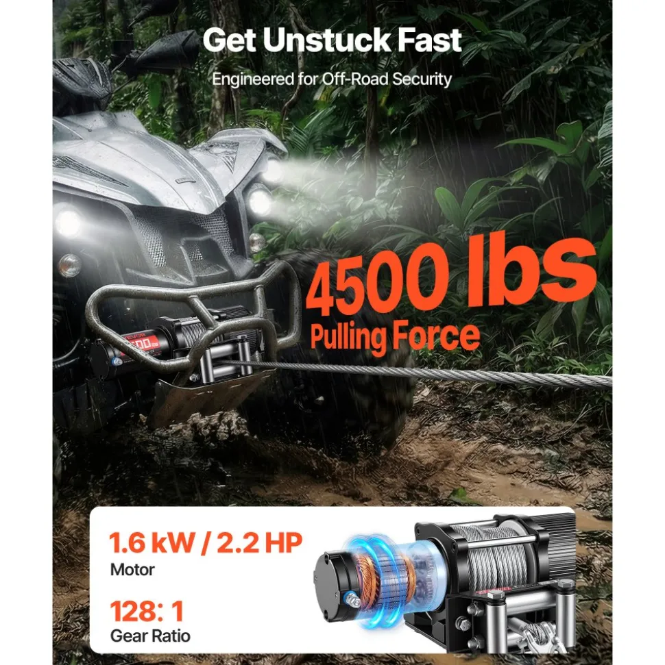 VEVOR 4500 lbs Electric Winch, 12V DC ATV/UTV Winch with Φ0.24 in x 39.4 ft Steel Wire Rope, Wireless & Wired Remote Control, IP54 Waterproof, Roller Fairlead Mount Plate for Towing ATV UTV Off-Road