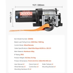 VEVOR 3000 lbs Electric Winch, 12V DC ATV/UTV Winch with Φ3/16 in x 39.4 ft Steel Wire Rope & Wired Remote Control, IP55 Waterproof, Aluminum Housing Fairlead Mount Plate for Towing ATV, Black