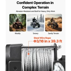 VEVOR 3000 lbs Electric Winch, 12V DC ATV/UTV Winch with Φ3/16 in x 39.4 ft Steel Wire Rope & Wired Remote Control, IP55 Waterproof, Aluminum Housing Fairlead Mount Plate for Towing ATV, Black