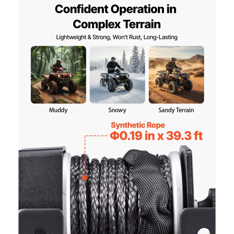 VEVOR 2500 lbs Electric Winch, 12V DC ATV/UTV Winch with Φ0.19 in x 39.4 ft Synthetic Rope & Wired Remote Control, IP55 Waterproof, Aluminum Housing Fairlead Mount Plate for Towing ATV, Black