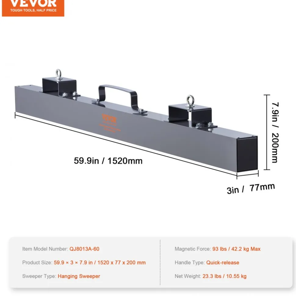VEVOR 93 lbs Hanging Magnetic Sweeper Pickup Tool, Nail Hang-Type Magnetic Forklift Sweeper, Industrial-Grade Magnets Steel Material Hunting Accessories for Picking Up Nails Bolts Metals Iron Chips
