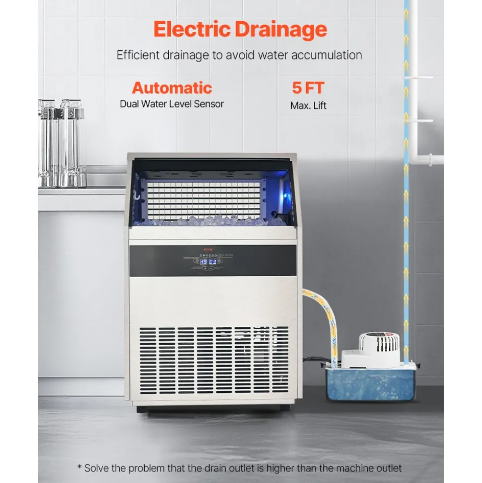 VEVOR 110lbs/24H Commercial Ice Maker Machine, 33lbs Storage Capacity Ice Maker with Drain Pump, 50 Ice Cubes in 15 Minutes, LED Digital Display Freestanding Self-Cleaning for Bar Office Restaurant