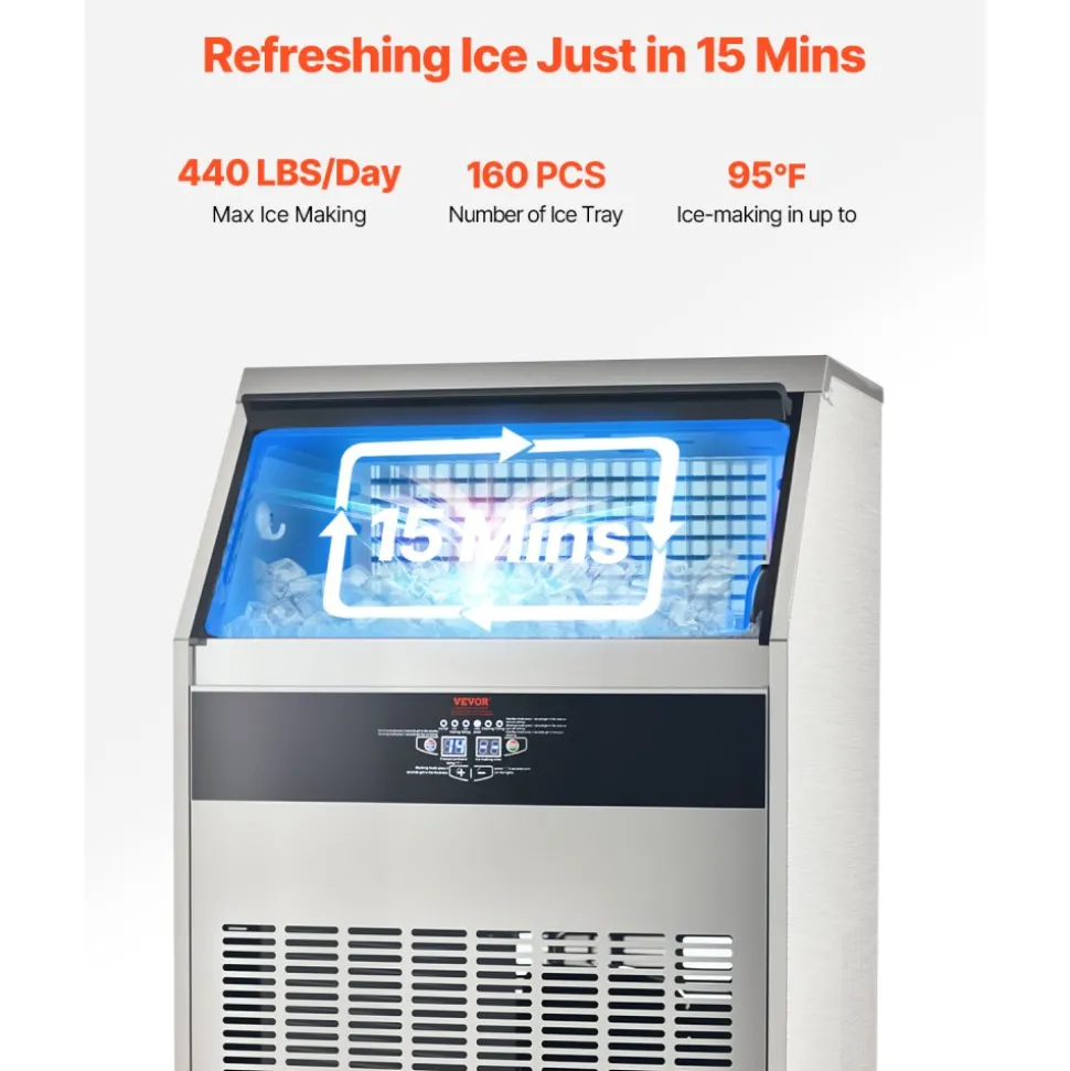 VEVOR 110lbs/24H Commercial Ice Maker Machine, 33lbs Storage Capacity Ice Maker with Drain Pump, 50 Ice Cubes in 15 Minutes, LED Digital Display Freestanding Self-Cleaning for Bar Office Restaurant